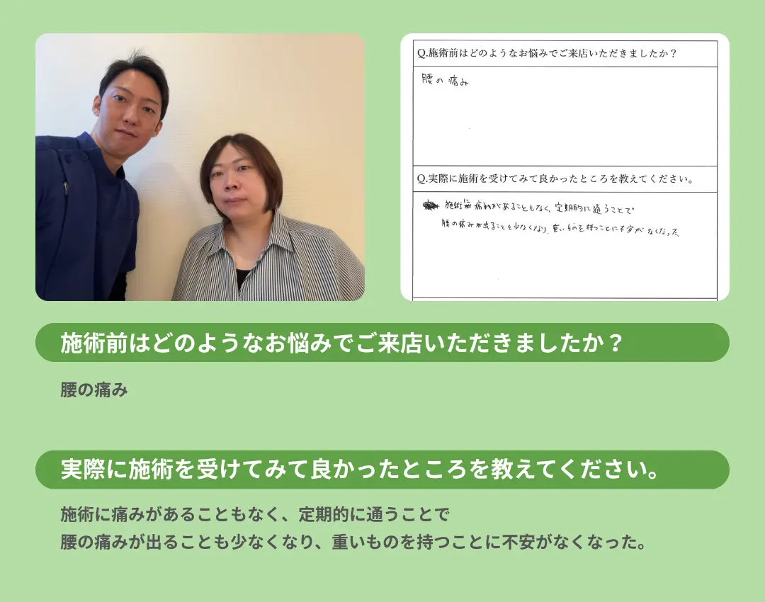 お客様の声。施術に痛みがなく、定期的に通うことで腰の痛みが少なくなった。重いものを持つことの不安がなくなった。